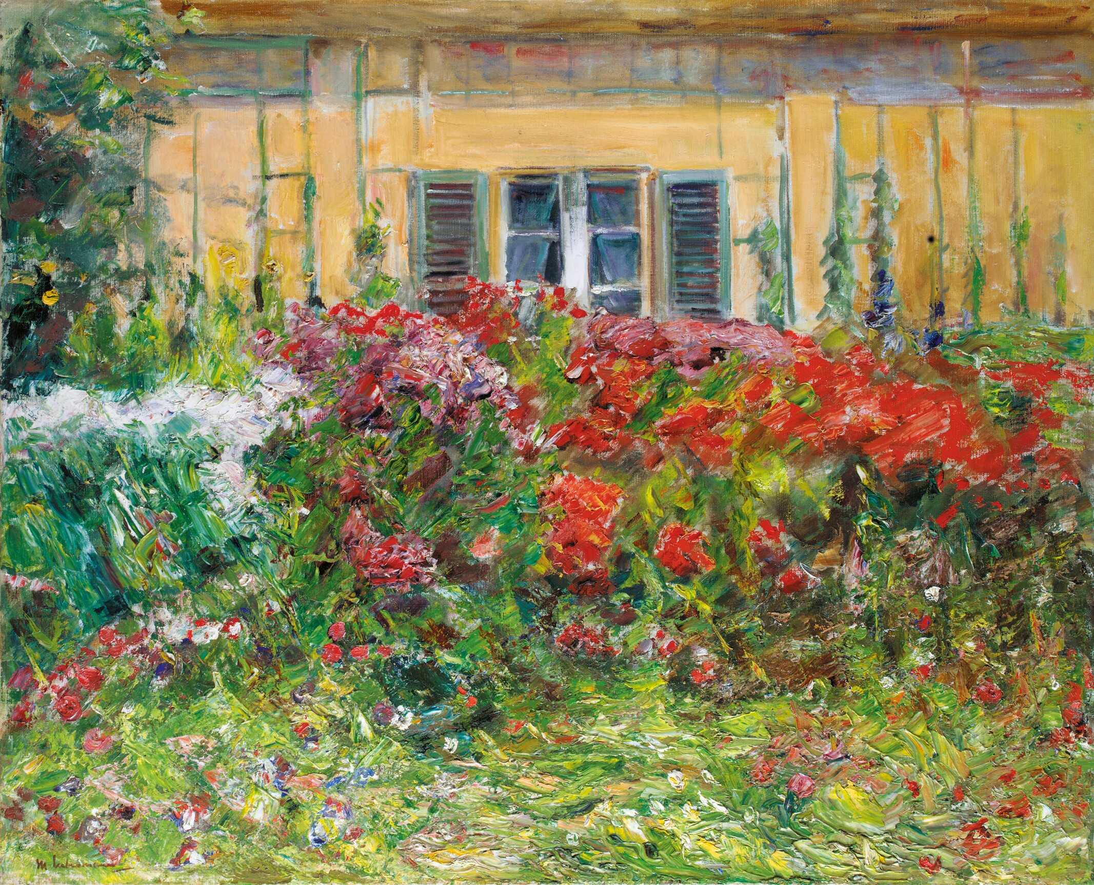 Max Liebermann, Blumenstauden vor dem Gärtnerhäuschen nach Norden, 1928, Öl auf Leinwand, 73 x 91,5 cm, Privatsammlung, Foto: Courtesy of Sotheby’s  IMPRESSIONISM IN GERMANY Museum Frieder Burda Baden Baden