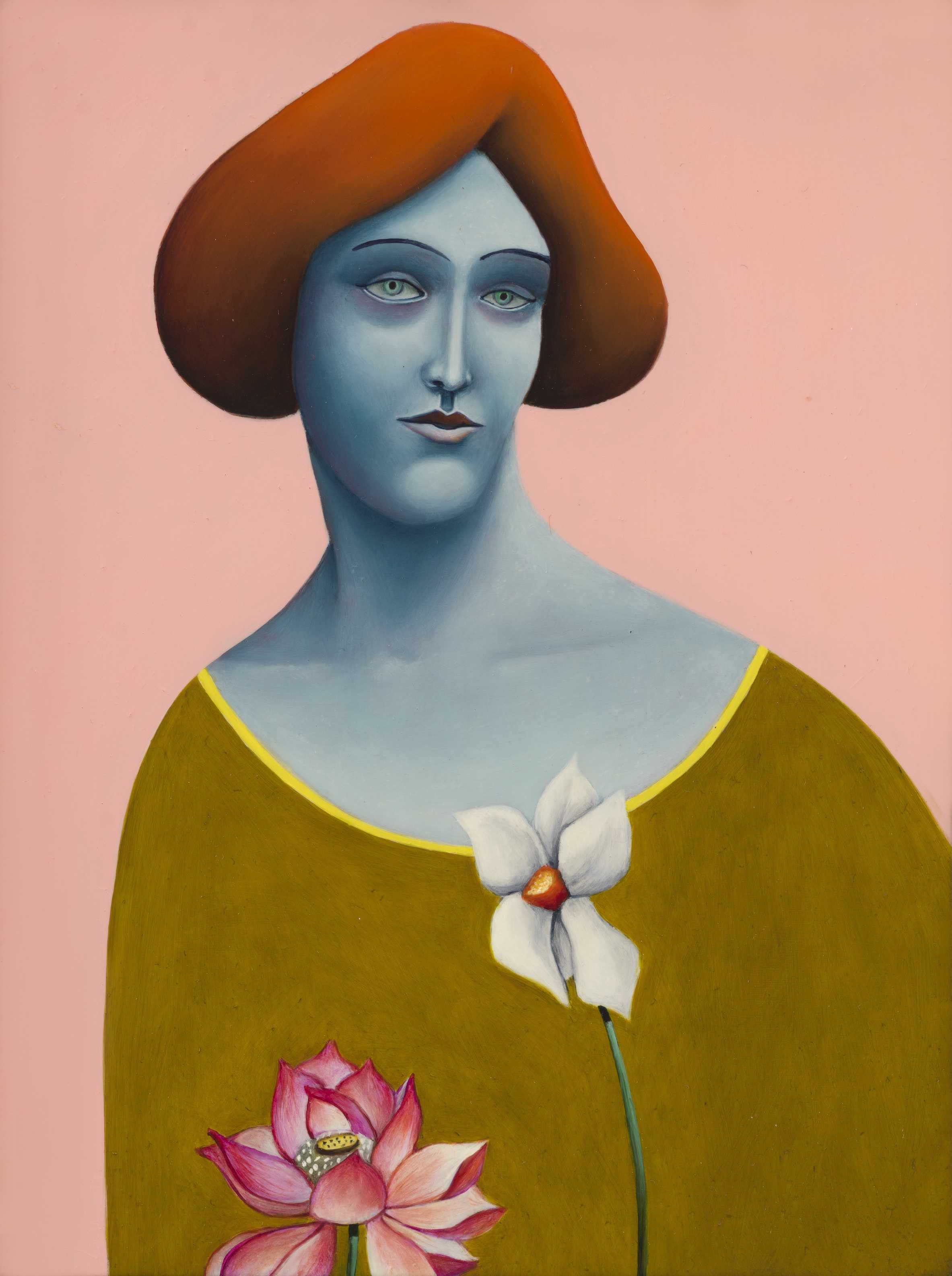 Nicolas Party, Portrait with Flowers (Version auf Kupfer), 2021. Öl auf Kupfer, 20,4 x 15,3 cm © Nicolas Party; Foto: Adam Reich NICOLAS PARTY Museum Frieder Burda Baden Baden